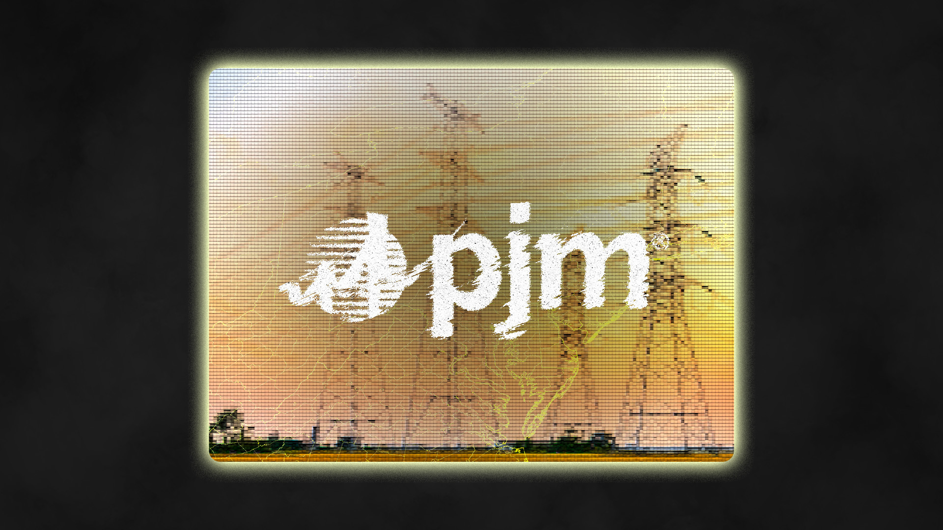 The PJM logo on a fuzzy TV screen with transmission towers in the background. 