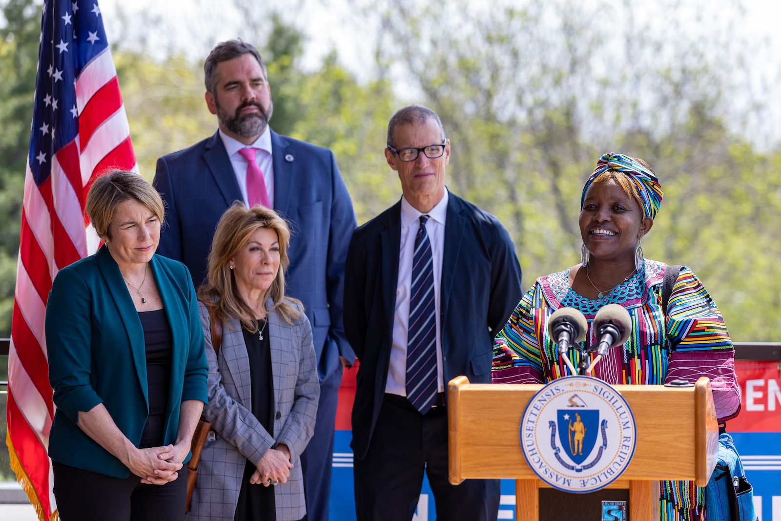 Delfine Masango, Cambridge Neighborhood Apartment Housing Services Board Member, joins Massachusetts leadership to celebrate the state’s participation in the Climate Pollution Reduction Grant Program.