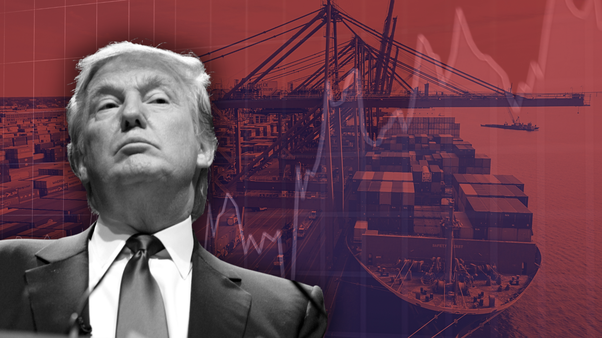 A photo of Donald Trump frowning, overlaid over a photo of a shipping container in red and a visual of a graph with  prices climbing.