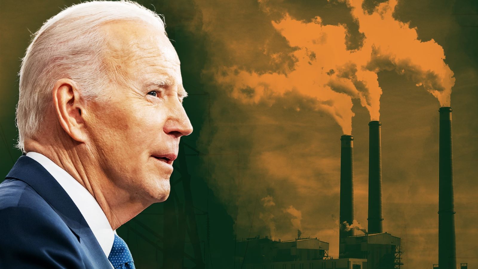 Composite image of President Biden on the left and power plant smoke stacks on the right. The background and smoke stacks have an orange overlay.