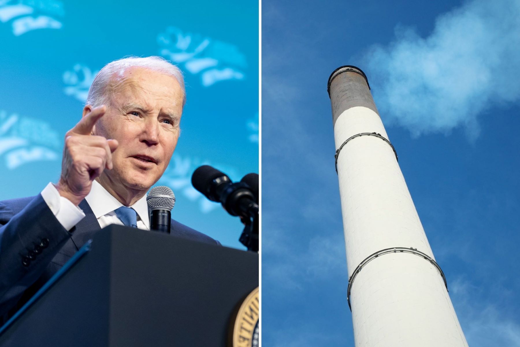 Composite image of President Biden on the left and a coal plant's chimney on the right.