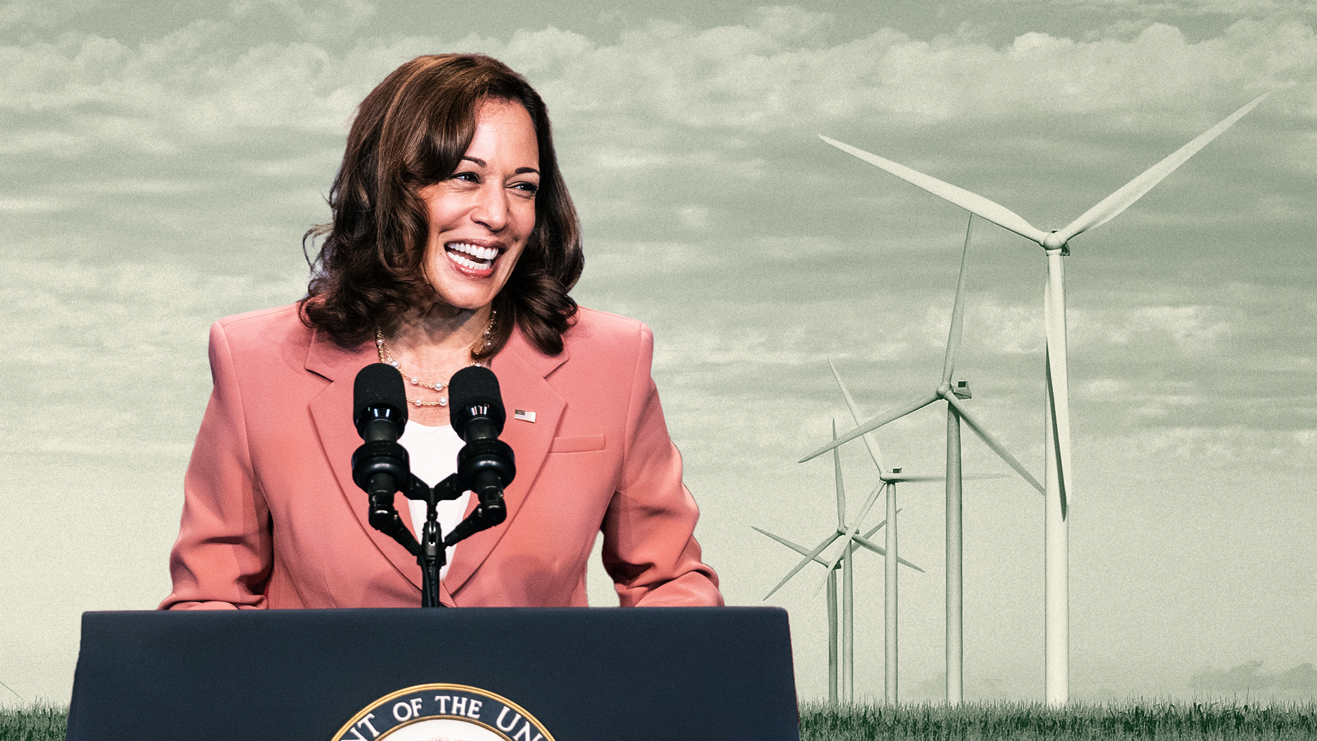 Vice President Kamala Harris with windmills behind her.