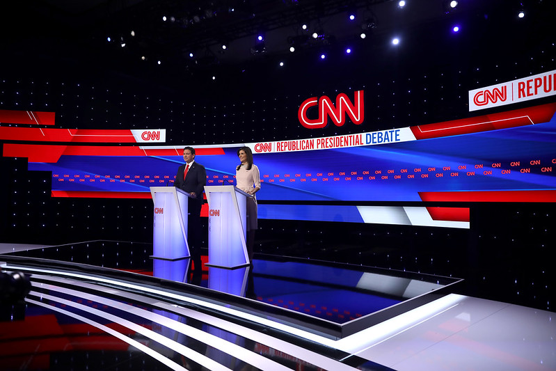 Governor Ron DeSantis and former Ambassador to the United Nations Nikki Haley at the CNN Republican Presidential Debate at Sheslow Auditorium at Drake University in Des Moines, Iowa.

