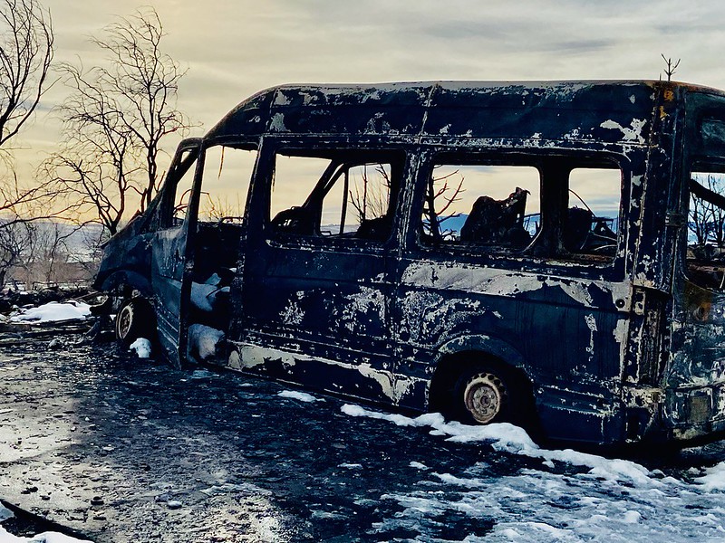 A van burned by the Marshall Fires in Boulder County, Colorado. 