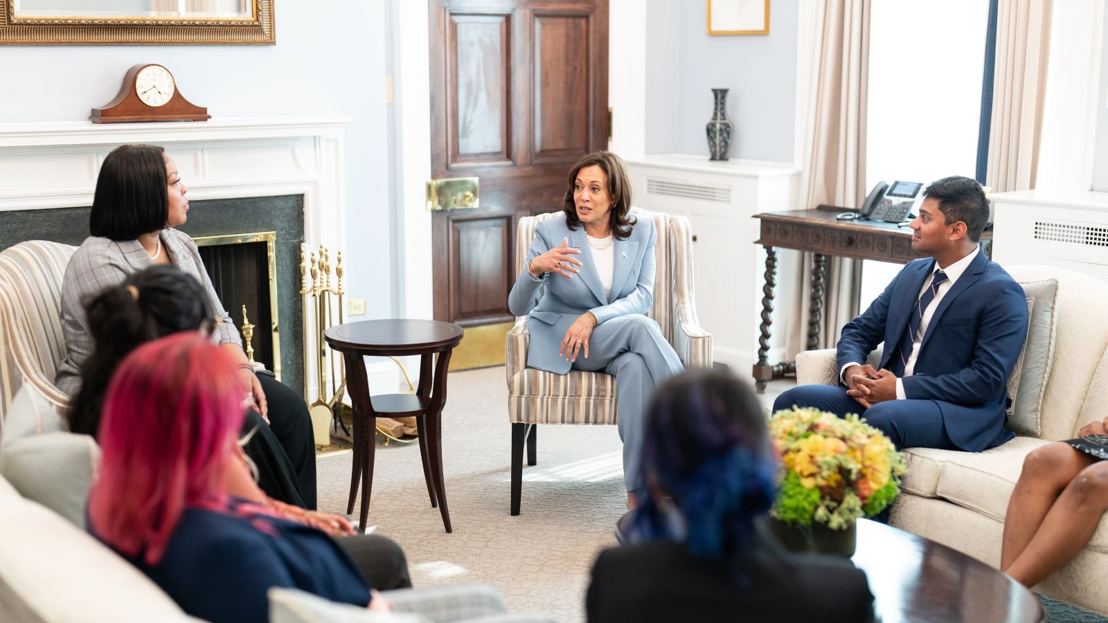 Vice President Kamala Harris meets with labor leaders in her office at the White House.