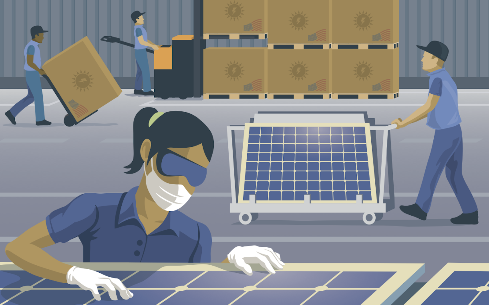 An illustrated poster from the Loan Programs Office, inspired by the New Deal era, depicting people working to manufacture solar panels. 